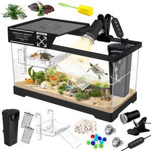 GOZILLA Aquatic Turtle Tank Kit+Lamp+Filter, Upgrade PC Turtle Tank Starter Kit with Adjustable Lamp & Filter,Reptile Habitat with Lid,Hanging Platform for Small Reptiles.(15.75×7.9×9''/Black Kit)