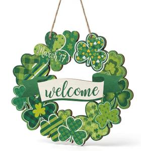 2 x St Patricks Day Door Decorations, Shamrock Wooden Sign for Saint Patrick's Day Decor, Shamrock Hanging Decoration for Front Door and Wall (Light yellow)