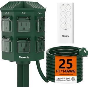 Outdoor Power Stake, 25 Feet Extension Cord Waterproof, Independently Remote Control 3 Sets of Outlets, 6 Grounded Outlets for Garden, Patio, Outdoor Decor, ETL Listed