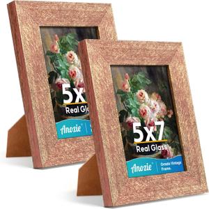 5x7 Picture Frame, 2 Pack Vintage Picture Frames 5x7 Real Glass for Wall and Tabletop Display, Rustic 5 x 7 Photo Frame Antique, Widen Border
