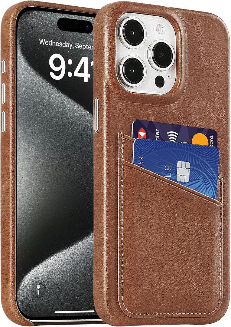 LUCKYCOIN Genuine Leather Wallet Phone Case for iPhone 15 Pro Max, Phone Purse with 2 Credit Card Holder, Compatible with iPhone 15 Pro Max, Metal Button Bumper Protective Shockproof Cover Dark Brown