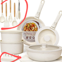 Astercook 21 Pcs Pots and Pans Set Non Stick, Ceramic Cookware Set Detachable Handle, RV Kitchen Cooking Set Removable Handles, Oven Safe, Induction Ready, Stackable Non-stick Set, Cream White