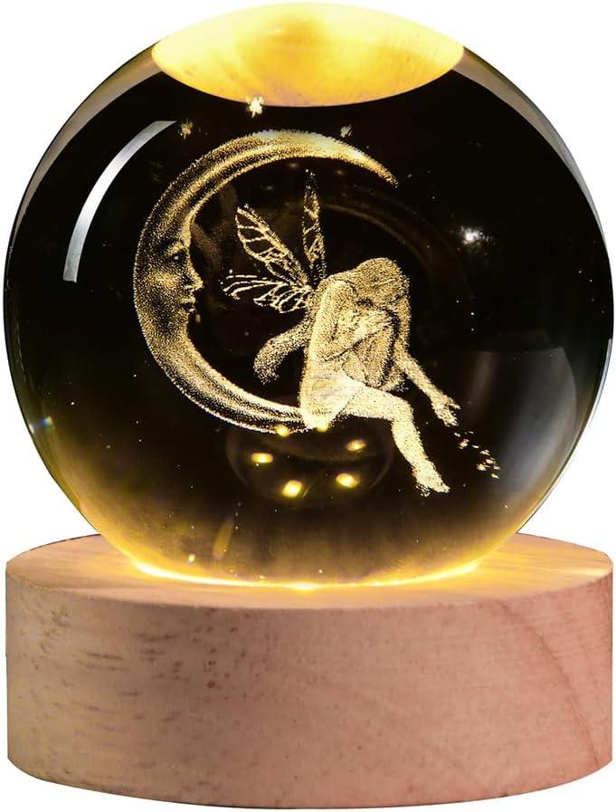3D Fairy Crystal Ball with LED Stand, Fairies Figurines Lamp Night Light, Fairy Moon Decor Glass Sphere Balls Gifts for Women Girls Mom Kids(60mm)