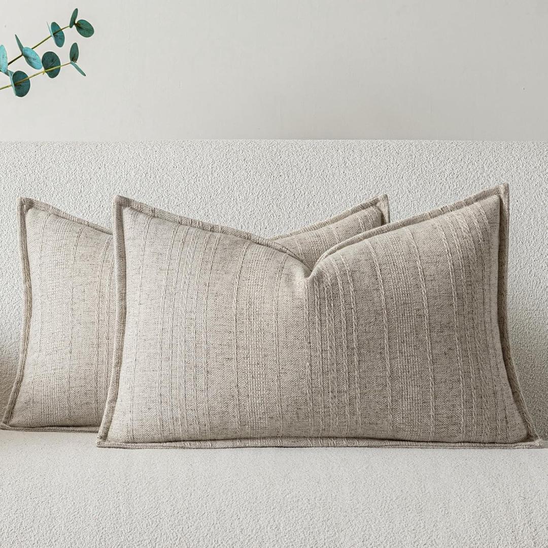Linen Pillow Covers Set of 2,Boho Farmhouse Throw Pillowcases Neutral Textured Decorative Covers for Couch Sofa Bed, Soft Linen Blend Accent Case Cushion Living Room Home Decor 20"x12", Khaki