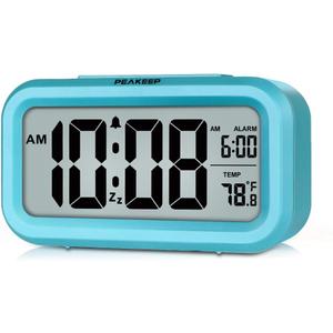 Peakeep Night Light Digital Alarm Clock Battery Operated with Indoor Temperature, Desk Small Clock (Blue)