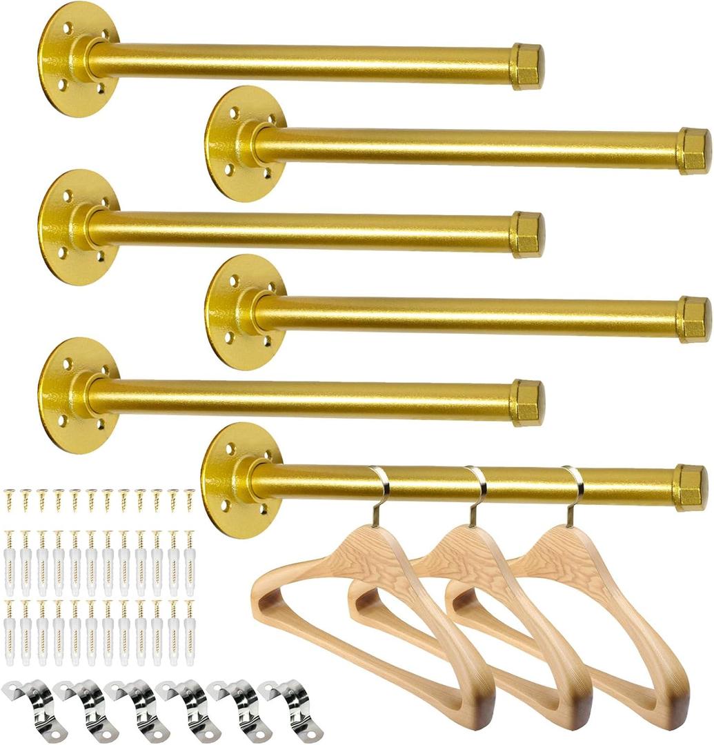 6 Pcs Industrial Pipe Clothes Bar 12 Inch - Wall Mount Clothing Rack - Face Out Closet Rods for Hanging Clothes Commercial Retail Boutique Laundry Shirt Display - Golden