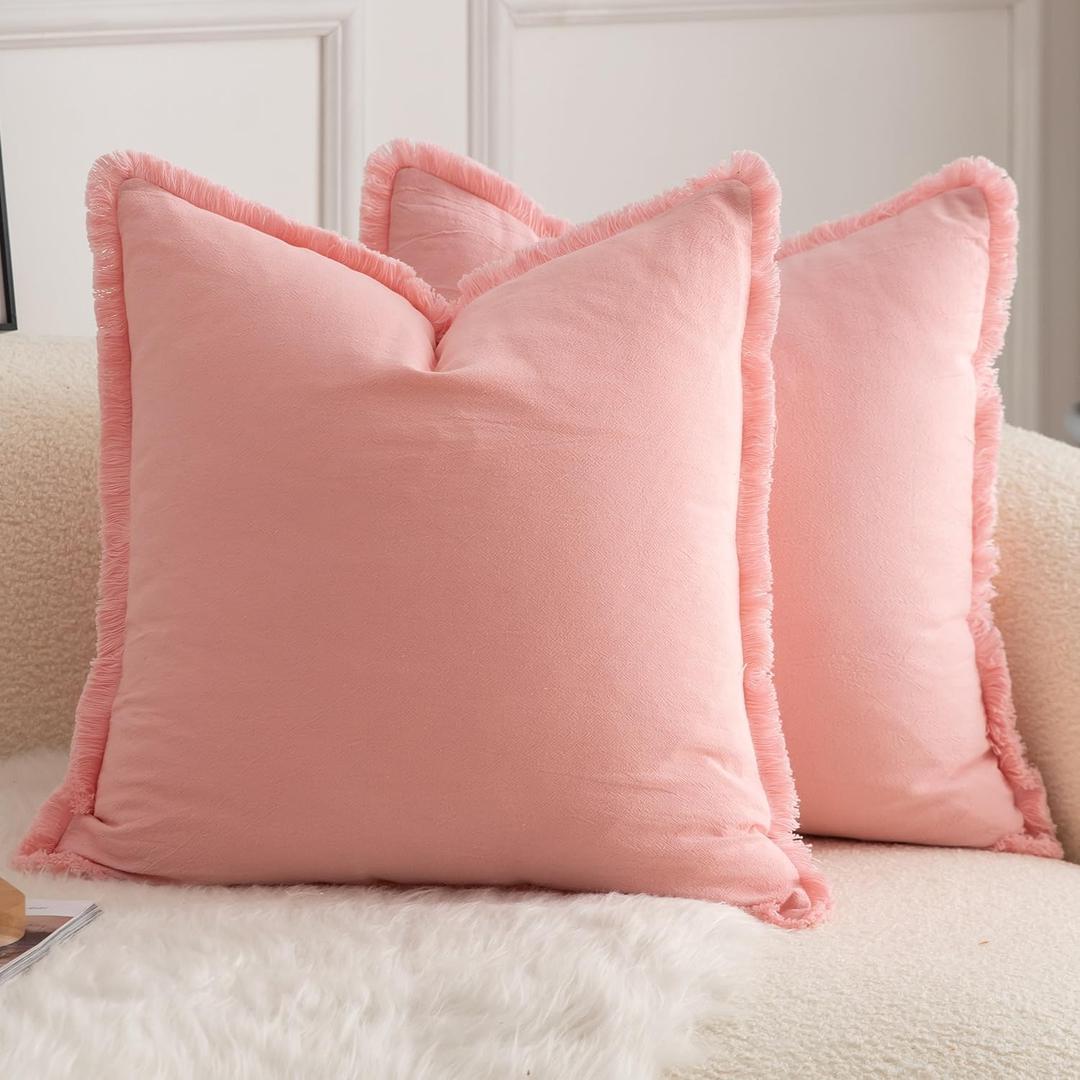 MANDIOO Set of 2 Neutral Cotton Fringe Throw Pillow Covers Decorative Boho Farmhouse Cushion Covers Cozy Tassels Pillowcase for Couch Sofa Bedroom Living Room Home Decor 20x20 Inch Pink