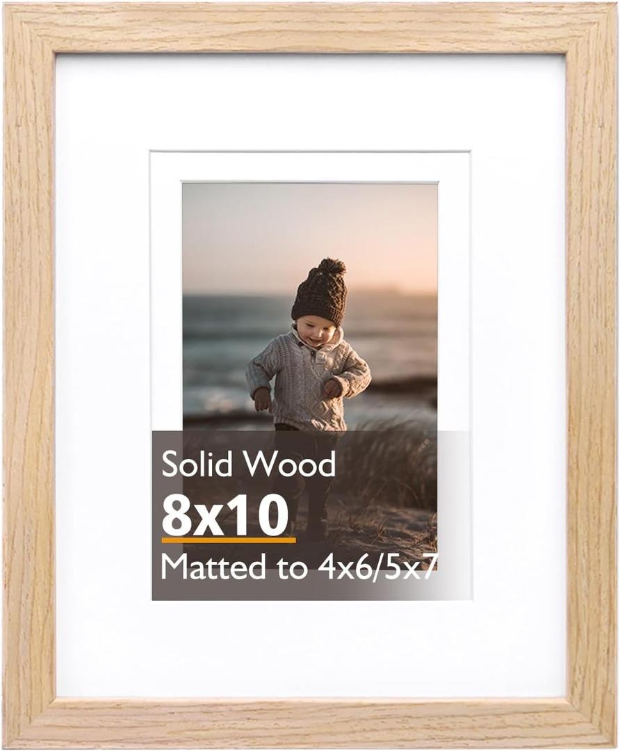 KINLINK 8x10 Picture Frame Natural, Solid Wood Frame with Acrylic Plexiglass for Pictures 4x6/5x7 with Mat or 8x10 without Mat, Tabletop and Wall Mounting Display Photo Frame 1 Pack