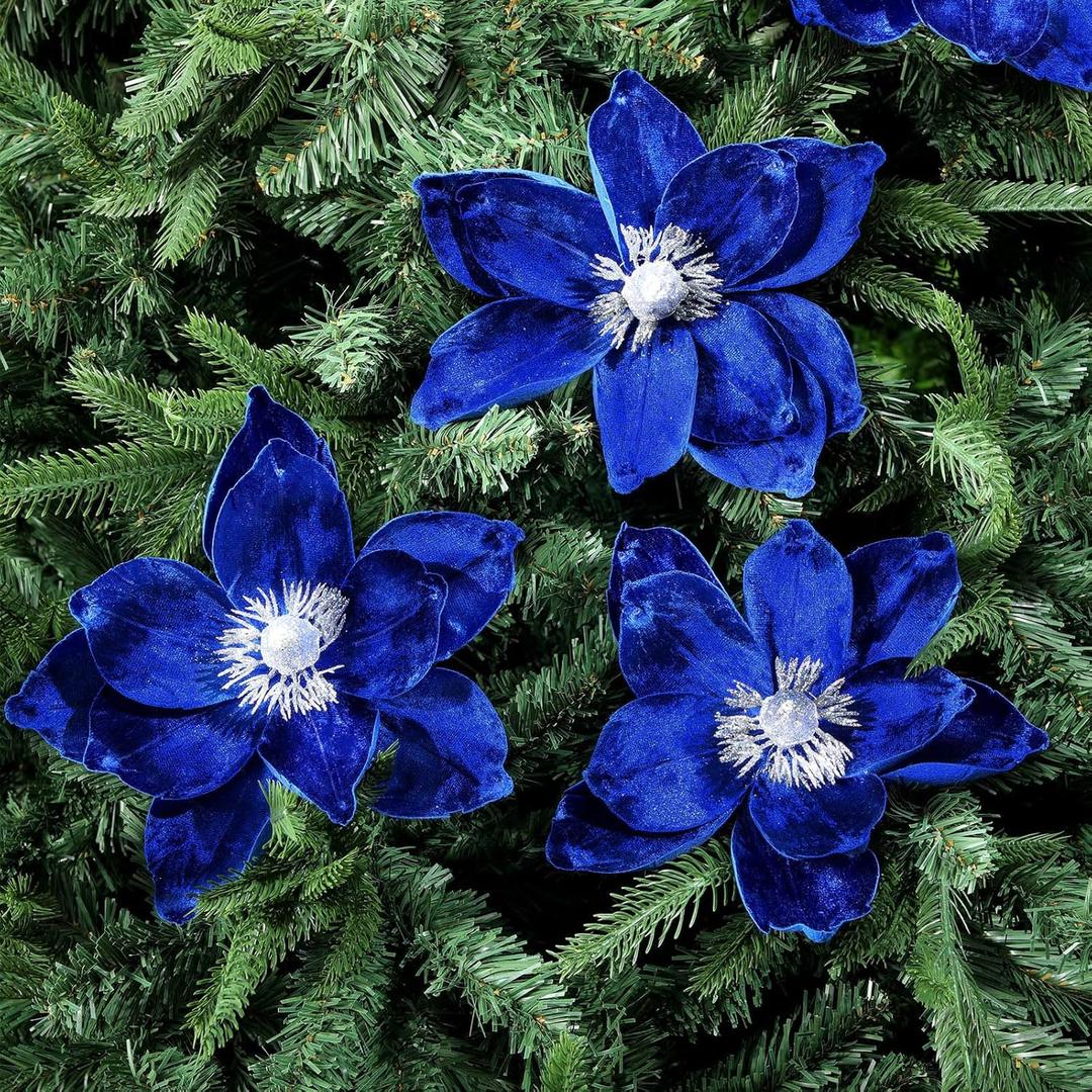 8 Pcs Christmas Flower Magnolia Flowers 8 Inch Artificial Poinsettia Stems Glitter Fake Magnolia Christmas Tree Decorations DIY Ornaments for Xmas Tree Party Wedding Holiday Decor(Blue)