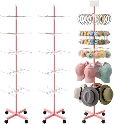 Ripeng 2 Pack 5-Tier Rotating Retail Display Stand, Adjustable Spinning Rack with Wheels for Jewelry Earrings Keychains Craft Shows Vendor Events, Pink