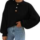 MEROKEETY Women's 2025 Fall Oversized Sweaters Chunky Long Lantern Sleeve Buttoned Mock Neck Winter Knit Loose Pullover Tops (Black, M)