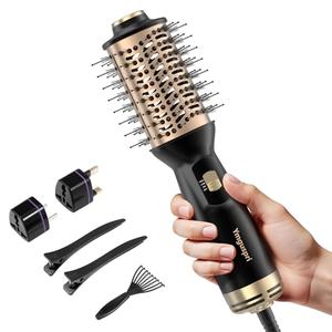 4 in 1 Travel Dual Voltage Hair Dryer Brush, Mini Auto Blow Dryer Brush in one, 2 Inch Hot Air Brush and Styler for Home & Salon, 3 Heat Settings with EU&UK Plug (Gold)