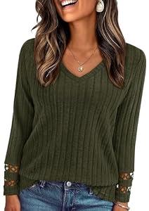 PRETTYGARDEN Women's Long Sleeve Shirts Ribbed Knit V Neck Tee Dressy Casual Blouses Going Out Tunic Tops 2026 Fall Outfits (Army Green, X-Large)
