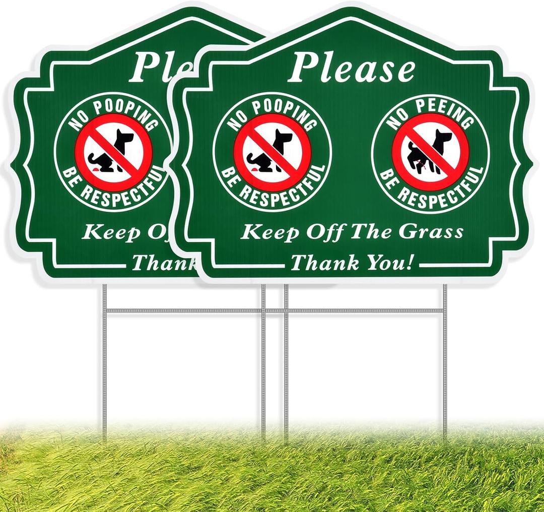 2 Pack No Peeing and No Pooping Dog Sign, Please Be Respectful Keep Off The Grass Yard Signs with Metal Wire H-Stakes, Double Sided, 12.6" x 9.5", UV Protected, Waterproof, Outdoor Use