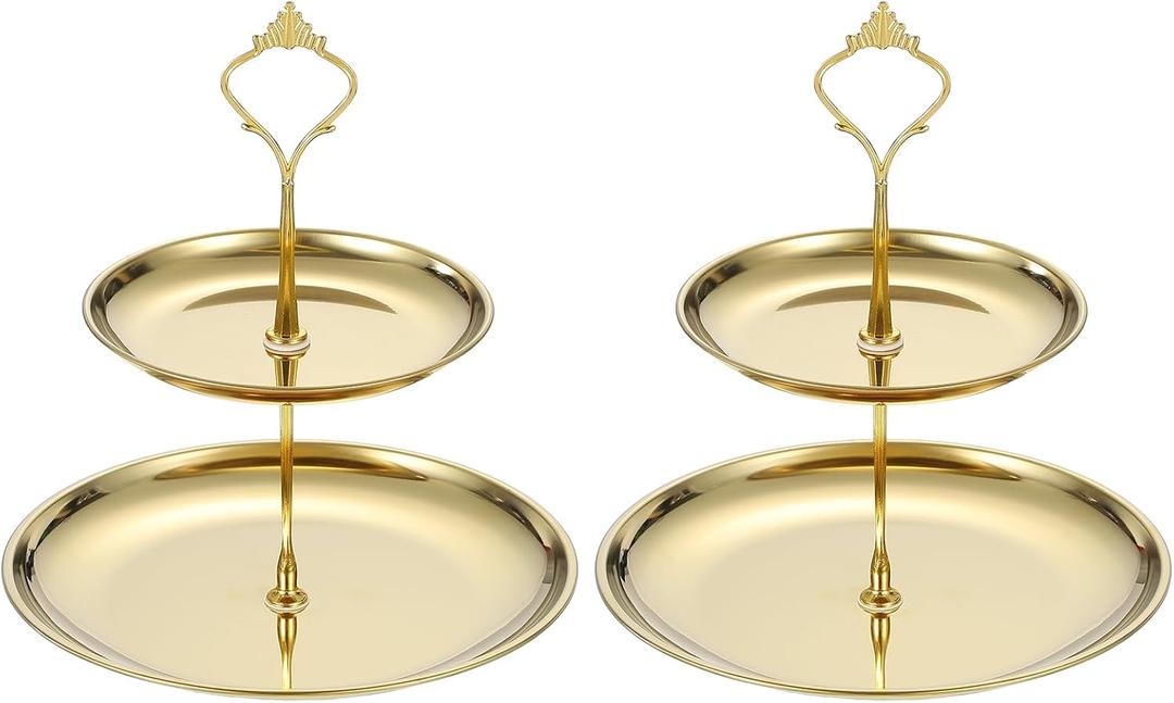 uxcell 2 Sets 2-Tier Cupcake Stand Holder, Round Tiered Serving Tray Stainless Steel Cup Cake Stand for Dessert Fruit Table Birthday Party Decoration Display, Gold