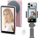 Vlog Selfie Monitor Screen for iPhone 17/16/15/Android, Magnetic Back Camera Selfie Monitor with Remote/Zoom/Speaker for Live Streaming/YouTube Starter Vlogging Kit Content Creator Essentials, Pink