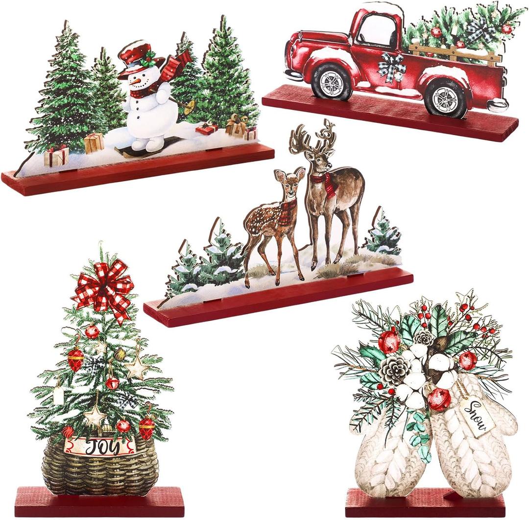 Huwena 5 Pcs Christmas Table Decorations Wooden Christmas Table Centerpieces Joy Sign Snowman Reindeer Gloves Signs for Winter Holiday Snow Xmas Dinner Coffee Tier Tray Decor(Classic,Red)