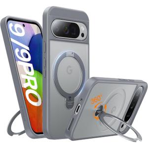 TORRAS 360Spin Magnetic Stand for Google Pixel 9 Pro Case/Pixel 9 Case, 12FT Military Protection, Compatible with Magsafe, Shockproof Translucent Slim Pixel 9 Pro Phone Case with Ring Holder, Grey