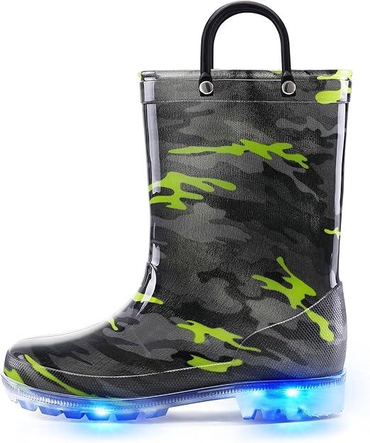 K KomForme Kids Rain Boots, Waterproof Light up Boots with Easyon Handles, Size 1, Camouflage