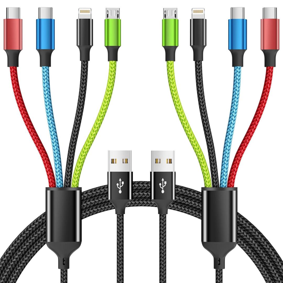 4 in 1 Multi Charging Cable [2Pack 5FT], Tangle Free USB C Car Charger Cable Nylon Braided with 2 USB-C/IP/Micro, Travel Charging Cords for iPhone Android iPad and More (Black_Red_Blue_Green)