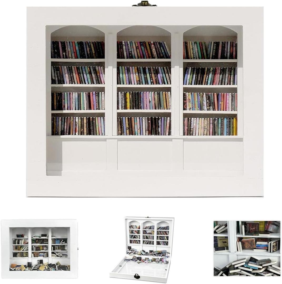 Stress Relief Mini Bookshelf Decoration Box with 300pcs Mini BooksMiniature Library for Book Lovers,Christmas Gifts for Family and FriendsEnd of Year Gifts for Children (White)