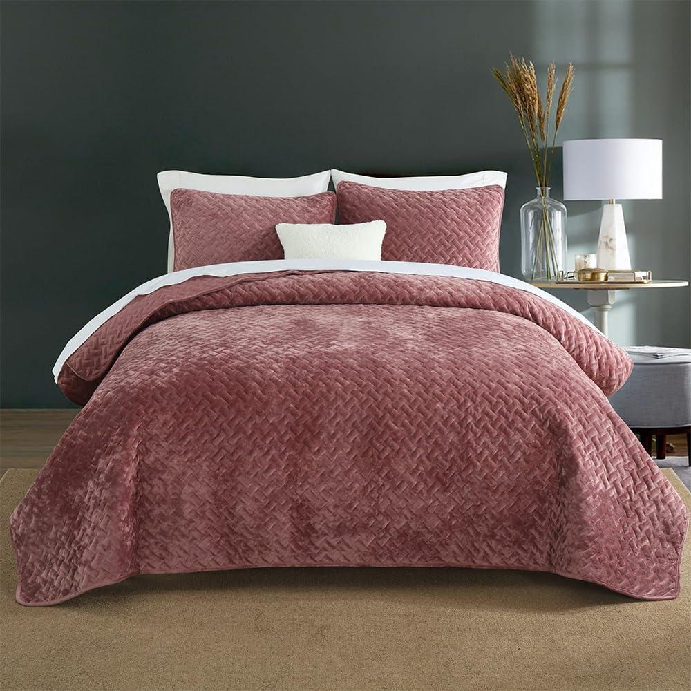 Liians Velvet Bedspread Quilt Bedding Sets,Luxury Elegant Ultra Soft Velvet Comforters Coverlet Blankets,Weave Stitching Pattern Cotton Quilted Bedspread for All Seasons,Mauve Pink,Queen Size (Queen (90 by98inch))