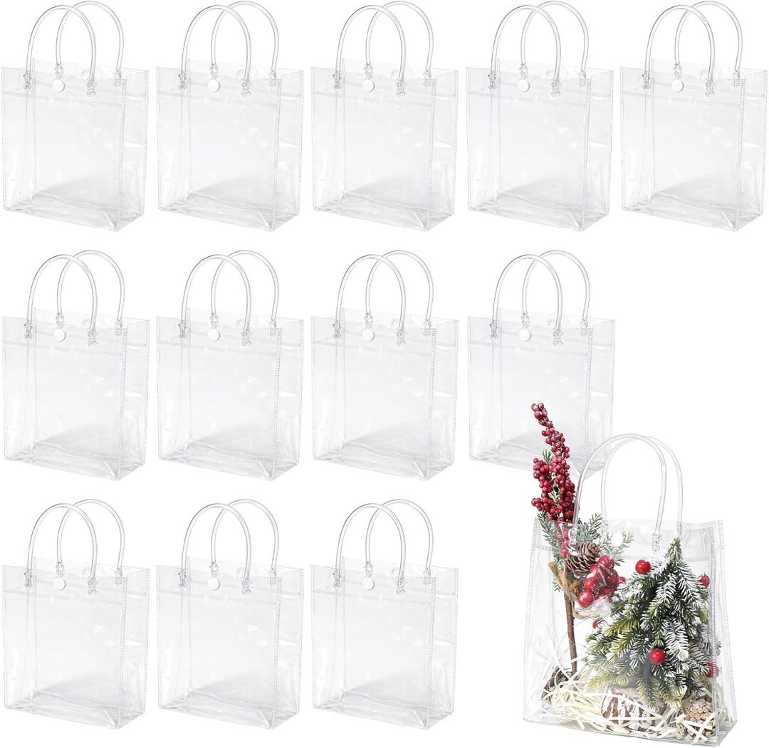 WhizToys 12 PCS Transparent Party Favour Clear Plastic Gift Bags with Handles, 7.9x7.9x3.2Inches, Clear Tote Goodie Bag Bulk PVC Plastic Bags with Handles for Gifts Children's Day Weddings Birthdays