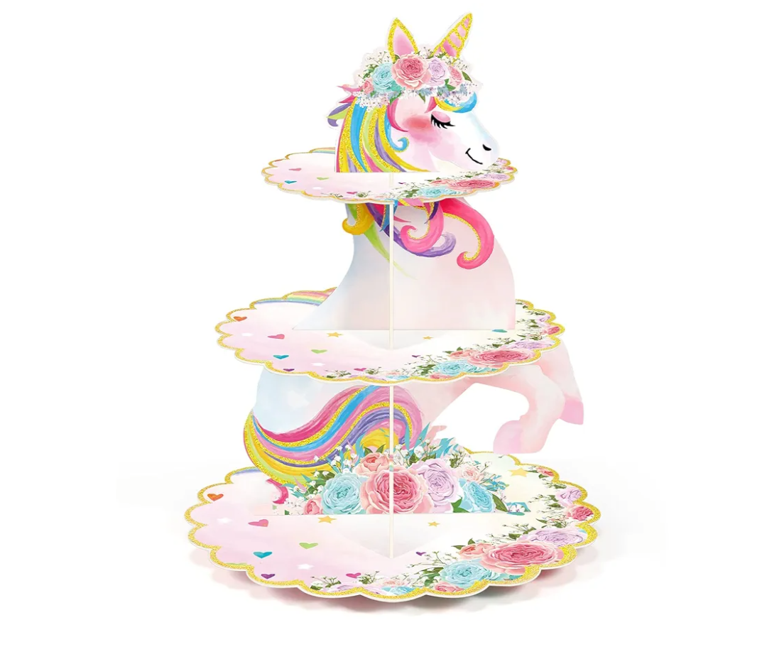 3 Tier Unicorn Cupcake Stand Party Decorations Rainbow Unicorn Birthday Cupcake Holder Dessert Tower for Kids Party Baby Shower Wedding Family, Cute Color