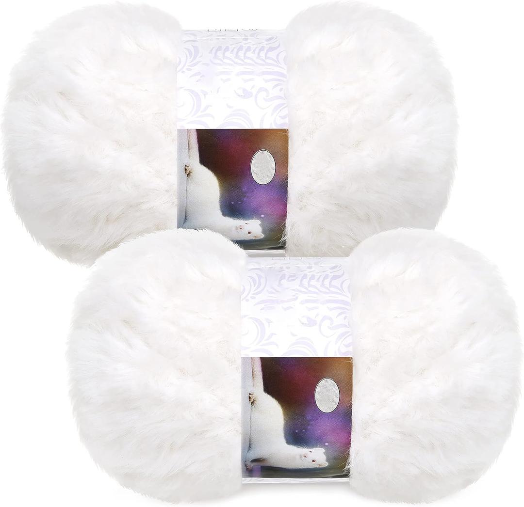 2 Pieces Soft Fur Yarn - Fuzzy, Fluffy Faux Fur Eyelash Yarn, Cream for Crochet, Knitting Projects - 30m/50g Each(White)