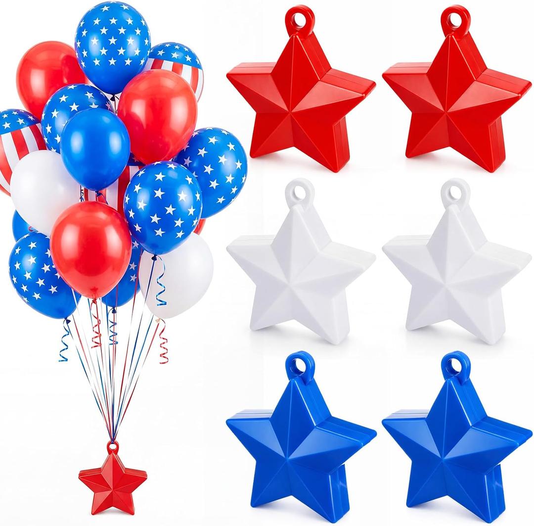 6 Pcs Star Balloon Weights Red White Blue Balloon Weights 130 g 4.33" x 3.94" Each Party Table Holders for 4th of July Independence Day 250th Patriotic Anniversary Flag Day Decorations