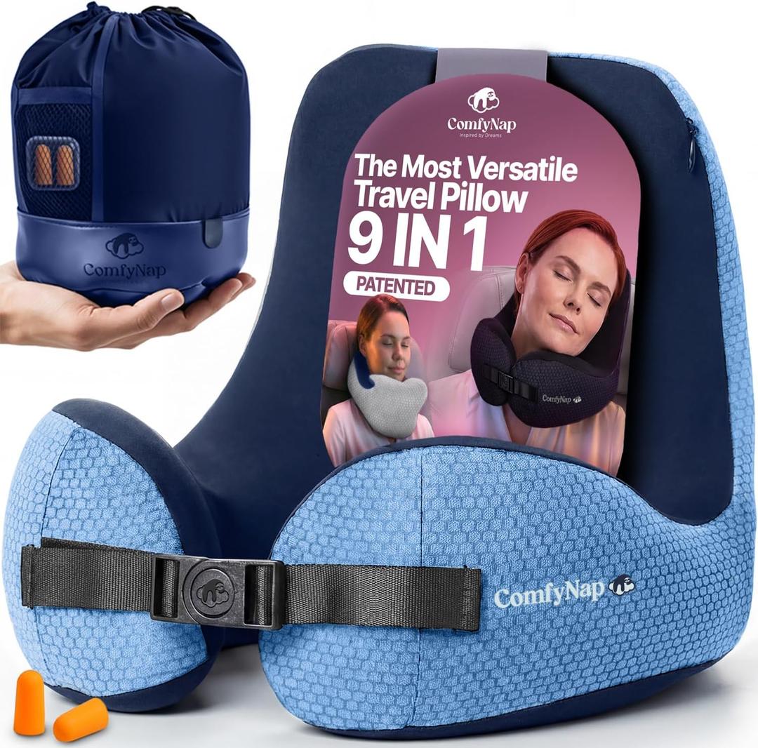 ComfyNap Versatile Travel Neck Pillow for Airplane [Patented], 9 Positions in 3 Techniques, Plane Pillow with Pure Memory Foam, Travel Pillow with HeadRest Flight Sleep, Travel Essential - Zeus
