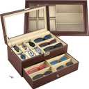 NovelBee Leather 6 Slots Watch Box and 9 Pieces Eyeglasses Sunglass Glasses Case Organizer,2-Tier Watch Sunglasses Display Drawer Holder Transparent Lid with Lock for Women Men (Brown)