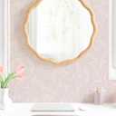 Kate and Laurel Rahfy Boho Scalloped Round Rattan Mirror; 26 Inch Diameter; Natural Wood; Decorative Round Wavy Mirror with Authentic Rattan Frame for Boho Wall Decor