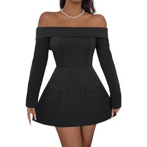 SOLY HUX Women's Off The Shoulder Mini Dress Long Sleeve A Line Elegant Cocktail Party Dresses (L)
