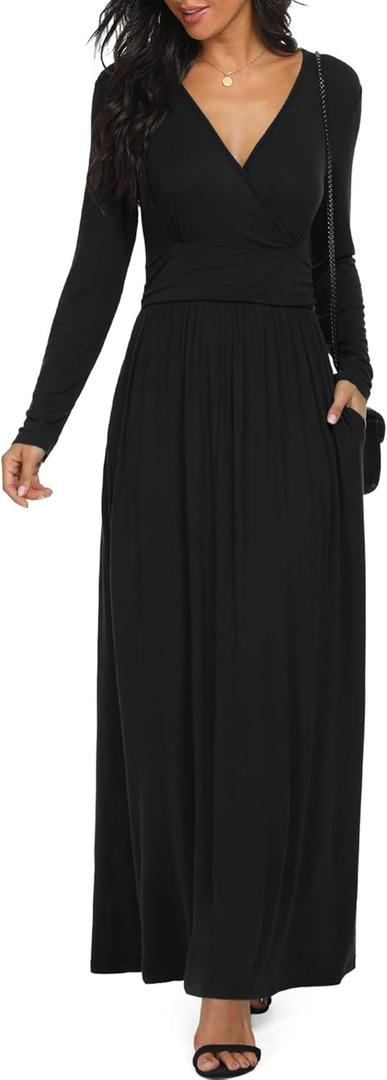 LILBETTER Women Long Sleeve Deep V Neck Loose Plain Long Maxi Casual Dress (Small, Black)