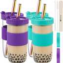 Reusable Glass Mason Jars Cups with Lids and Straws Silicone Sleeves, 4 Pack 24Oz Wide Mouth Smoothie Cups Glass Bubble Tea Cup, Leakproof drinking glasses Water Bottle Travel Tumbler for Large Pearl (Mint Green & Dark Purple)
