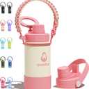 12 oz Insulated Water Bottle with 2 Lids (2-in-1 Straw & Spout Lid, Magnetic Lid), Kids Water Bottle with Strap, Kids Stainless Steel Water Bottle for School, BPA-Free, Light Pink