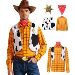 Mens Western Cowboy Sheriff Costume Button Down Adults Fancy Striped Shirt Kit (Yellow, S)