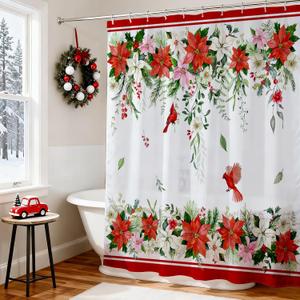Mocsicka Christmas Shower Curtain Red and White Poinsettias Cardinals Bathroom Shower Curtain Winter Xmas Holiday Waterproof Fabric Shower Curtains Bathtub Decor with 12 Hooks 72 X 72 Inches