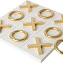 NIKKY HOME 12x12 Inch Tic Tac Toe Wood Game Board Classic Coffee Table Decor Modern Wooden Travel Game for Family, White & Gold