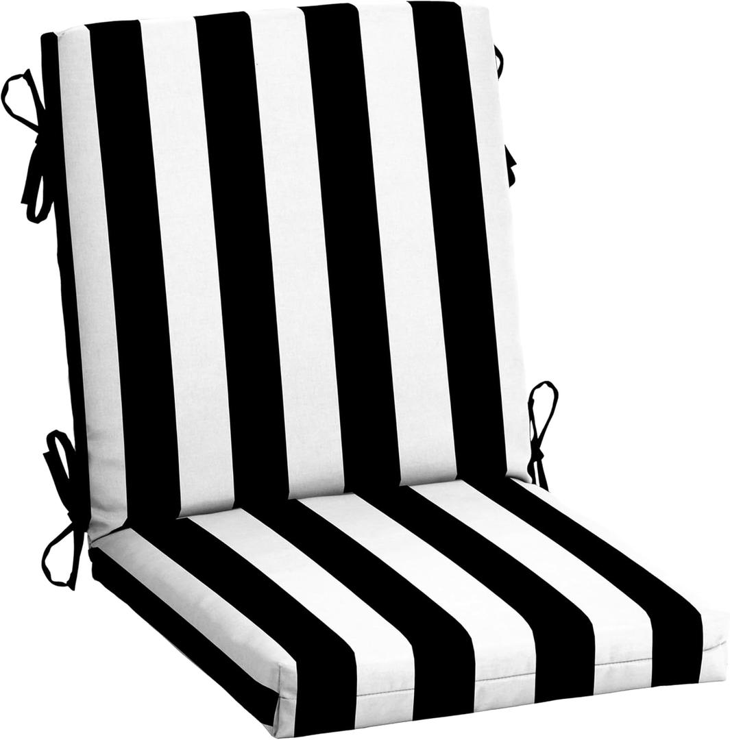 Arden Outdoor Midback Chair Cushion, 18 x 16.5, Rain-Proof, Fade Resistant Black Cabana Stripe, 36.5"L x 18"W x 3.5"H