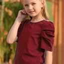 GORLYA Girl's Puff Sleeve Casual Solid T-Shirt Pullover Keyhole Back Blouse Tops for 4-14T Kids