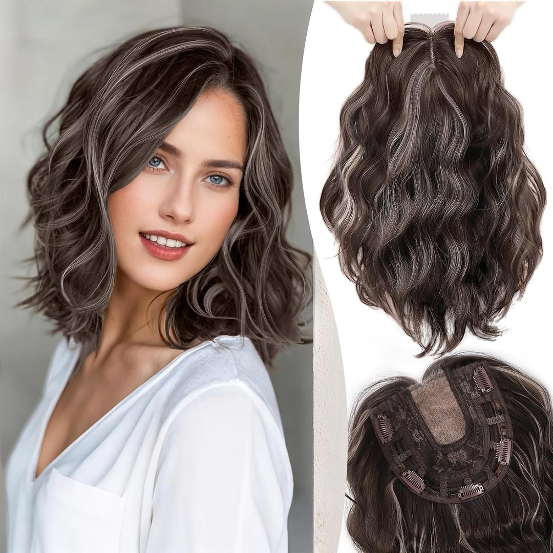 11 Inch Short Wavy Hair Topper for Women, 6.5"x6.5" Base Clip in Hairpiece, Synthetic Lightweight Breathable, for Thinning Hair & Gray Roots, Instant Volume & Coverage