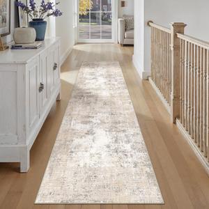 3x12 Washable Runner Rug Beige Grey Abstract Non Slip Soft Low Pile Hallway Kitchen Rug Neutral Modern Carpet for Laundry Bathroom Bedroom Living Room Home Decor, Beige/Grey, 3' x 12' (Runner)