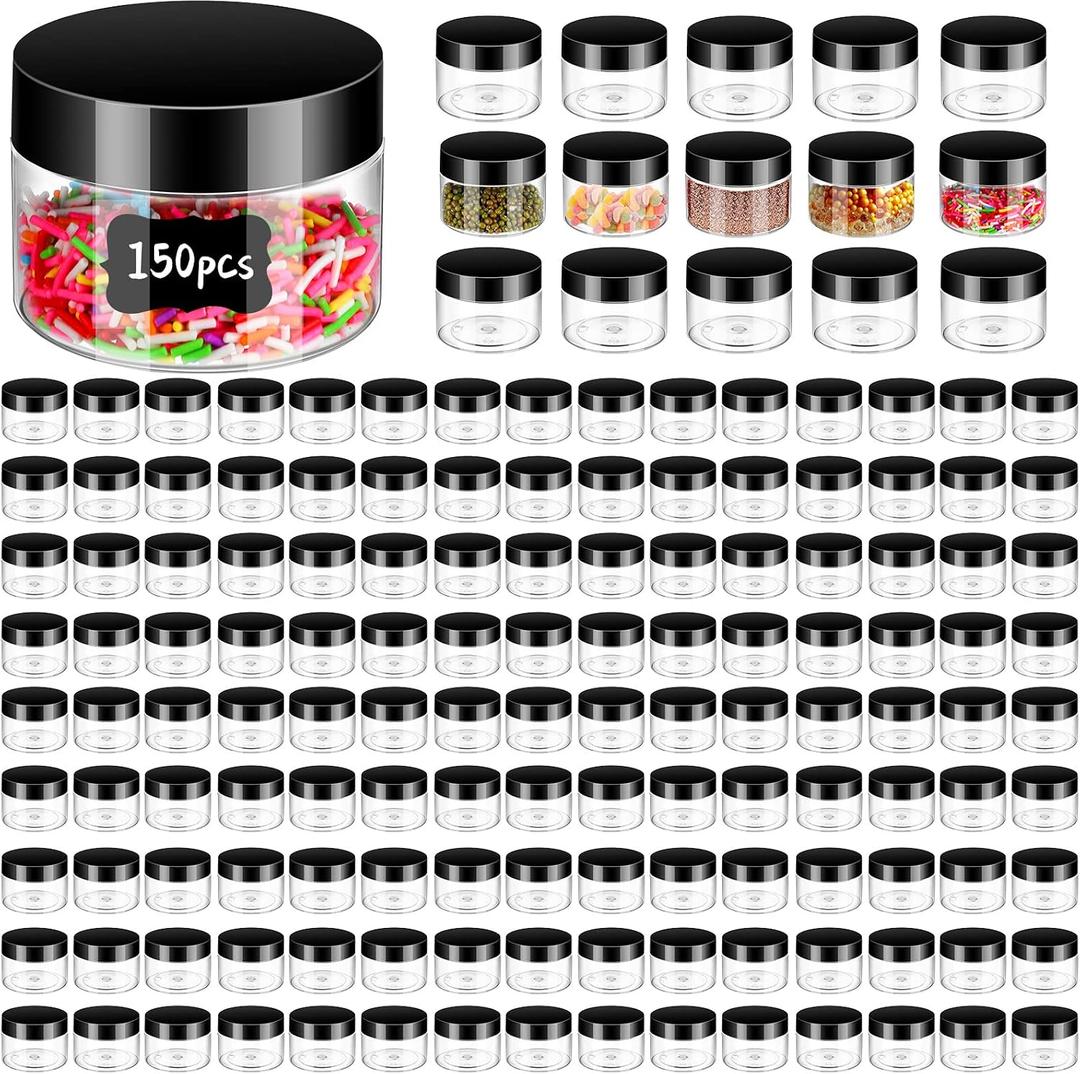 Aoriher 150 Pcs Plastic Container Jars with Lids Round Cosmetic Jars Empty Plastic Container for Lotion, Cream, Ointments, Makeup, Eye Shadow, Rhinestone, Samples, Pot, Travel Storage(4 oz,Black)