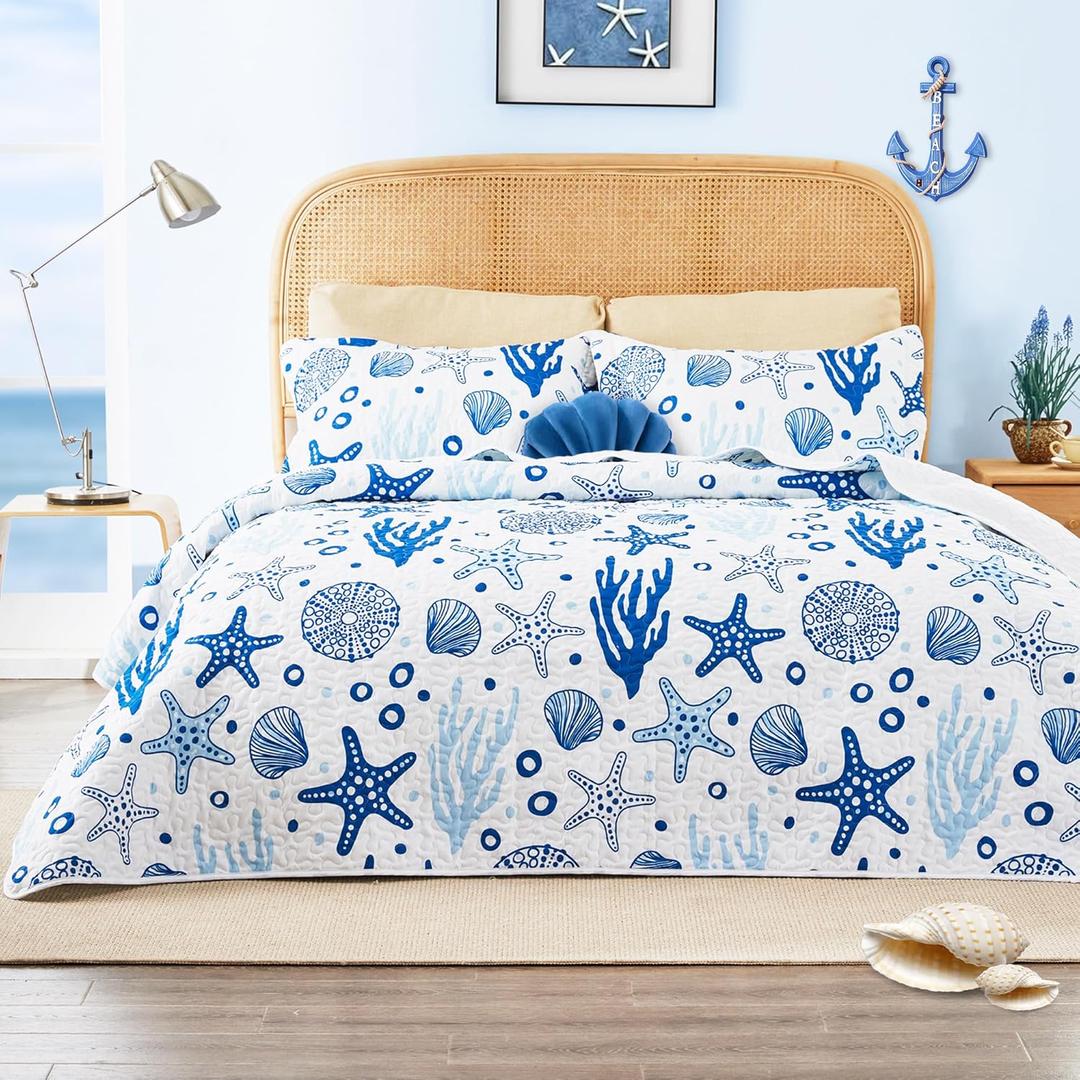 Love's cabin Twin Quilt Bedding Set Coastal White Bedspreads - Soft Bed Summer Beach Nautical Quilt Lightweight Bedspread- Reversible Bedding Coverlet for All Season - 2 Piece (1 Quilt, 1 Pillow Sham) (Twin (68"x86"))