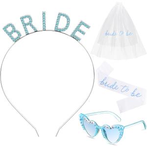 Bride Headband Decorations Set Include Blue White Rhinestone Bridal Headband with Sash Veil and Blue Heart Shaped Sunglasses for Women Bachelorette Party Wedding Bridal Shower Gift