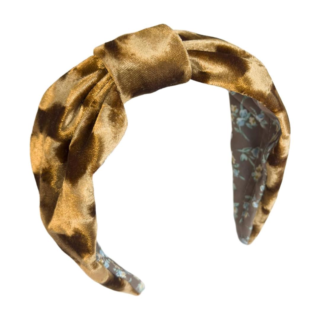 Velvet Headbands for Women Trendy Light Brown Floral Print Wide Top Knotted Headband for Womens Fashion Thick Boho Vintage Hair Accessories for Girls (1 Count (Pack of 1))