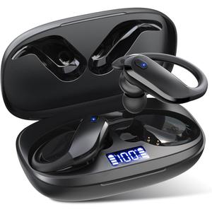 NDO Wireless Earbuds Bluetooth 5.3 Headphones Sport,IPX7 Waterproof Sports Earphones with Earhooks,48H Playtime,Lightweight 7.8g,Fast Charging Case,Noise Cancelling Mic for Running Gym Workout-Black