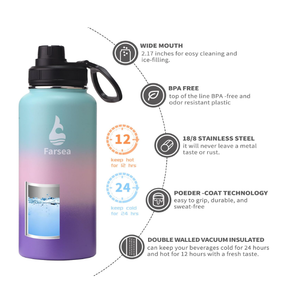 Farsea Insulated Water Bottle With Paracord Handle, Protective Boot and 2 Lids (Straw Lid & Spout Lid), Stainless Steel Water Bottle Wide Mouth, Double Wall Sweat-Proof BPA-Free, 32 oz